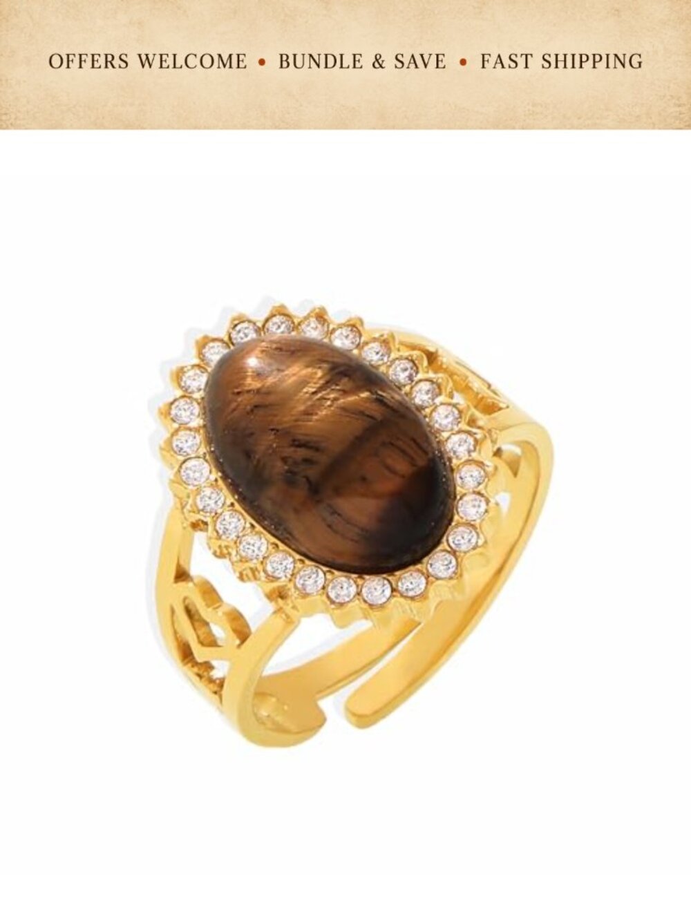 Tiger Eye Zircon Statement Ring 18K Gold Plated Stainless Steel Adjustable